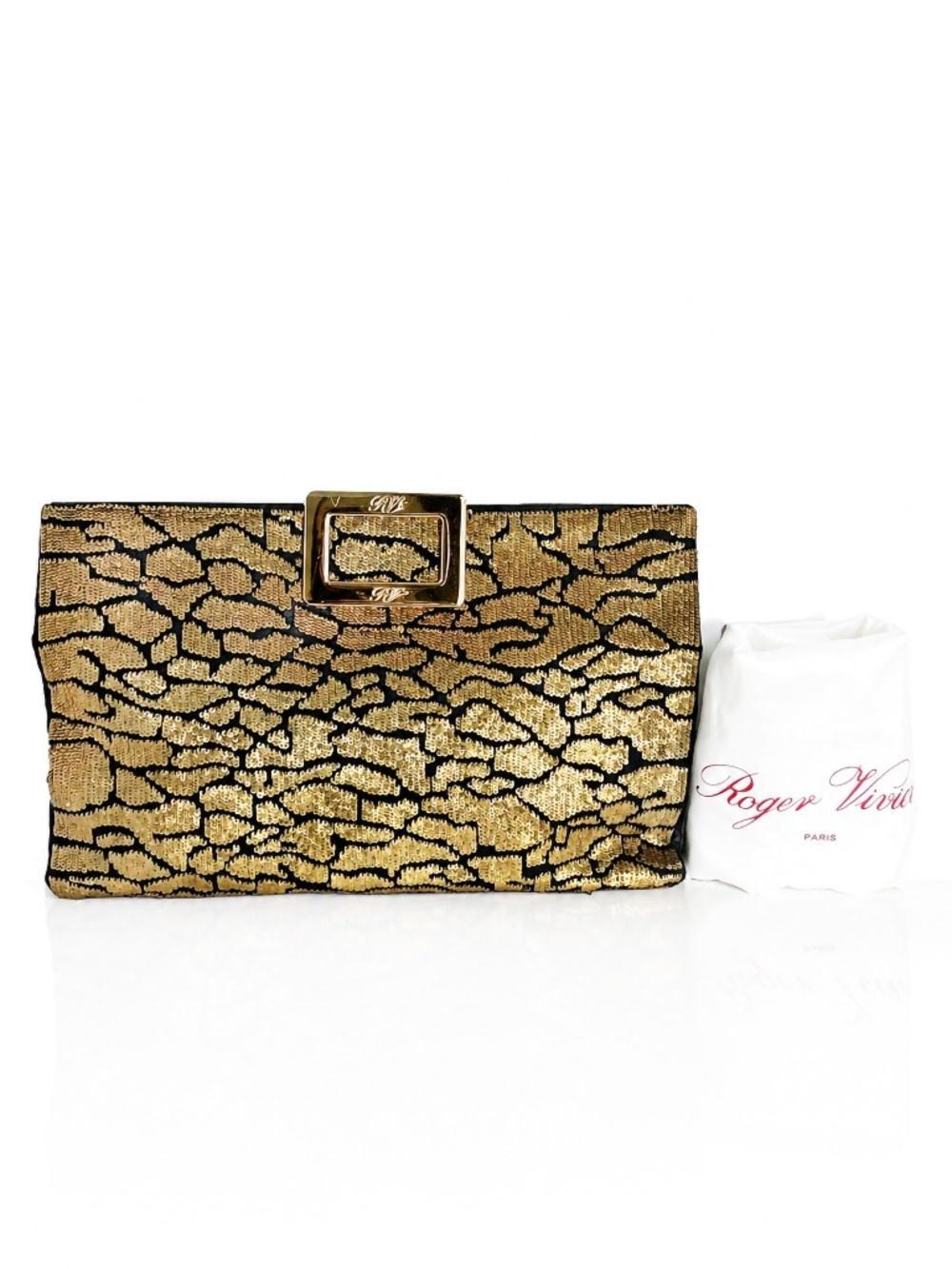 ROGER VIVIER Clutch Evening Bag Crossbody Gold Sequins Black Satin Embellished